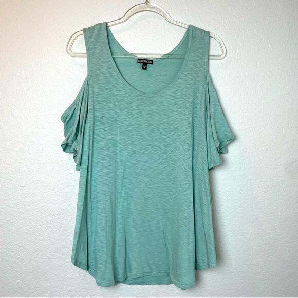 EXPRESS Seaglass Cold Shoulder Flowy Top w/ Flutter Sleeves Size L - Picture 1 of 5